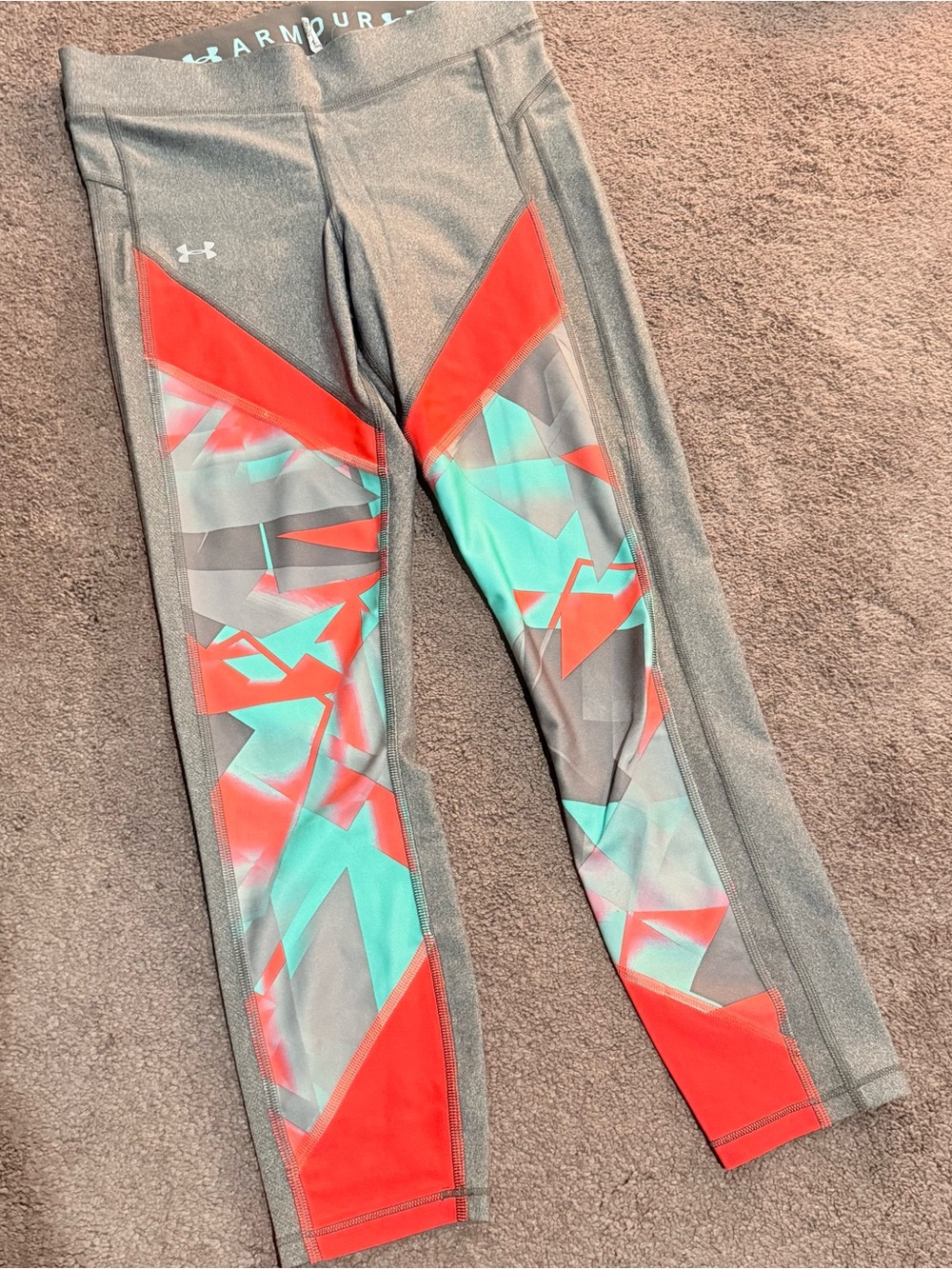 Under Armour Gray Leggings with Red & Teal Graphic Panels